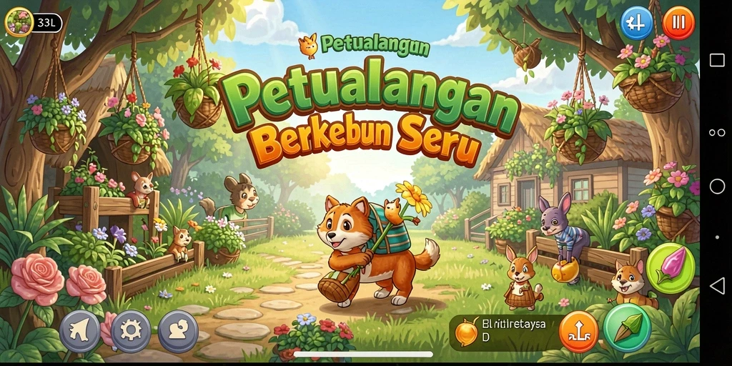 Tampilan gameplay 33L dengan kebun yang subur dan tanaman beragam.