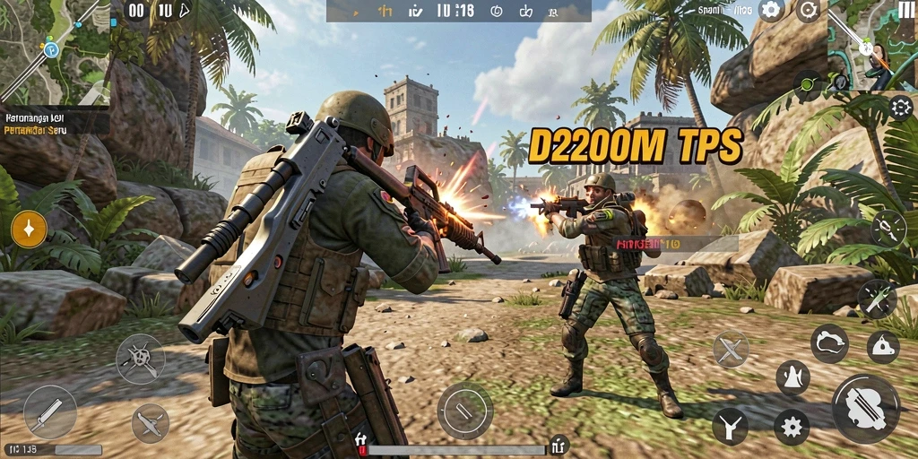 Screenshot D200M menampilkan aksi pertempuran seru dalam permainan TPS.