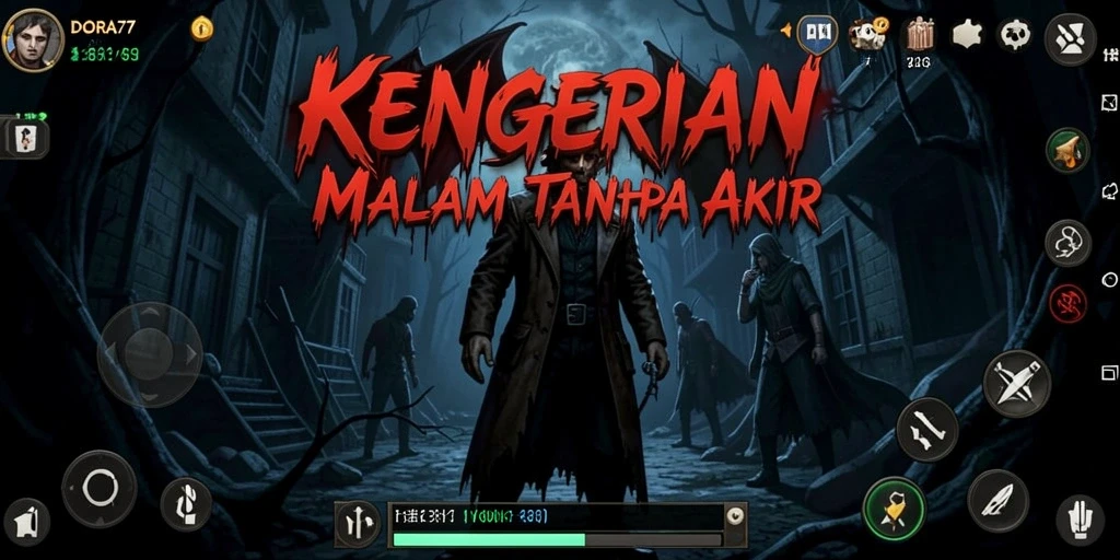 Tampilan menegangkan dari gameplay DORA77 saat menghadapi kegelapan.