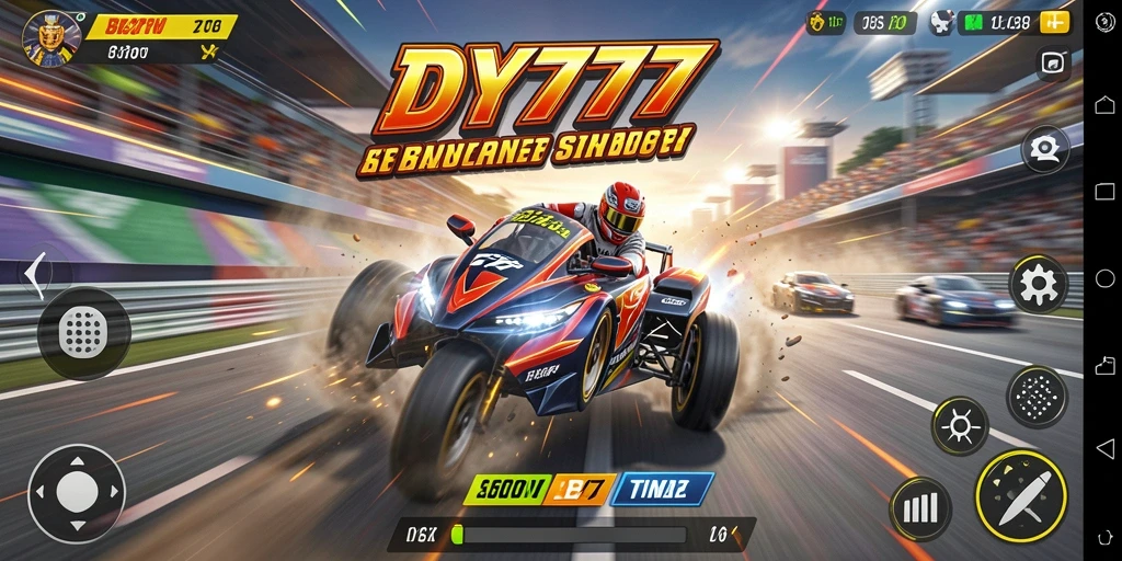Screenshot utama DY777 menunjukkan aksi balapan yang mendebarkan.
