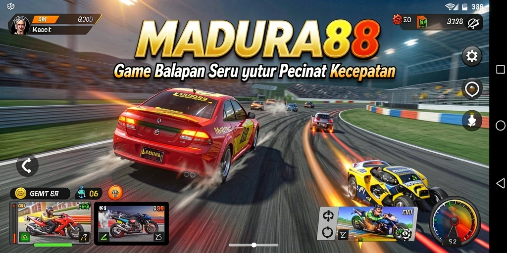 Tampilan gameplay <strong>MADURA88</strong> yang menegangkan dan penuh aksi balapan.