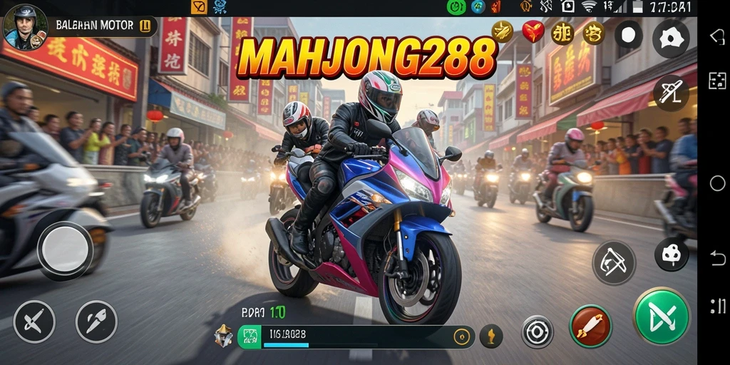 Tampilan gameplay seru dari MAHJONG288 dengan motor balap yang cepat.