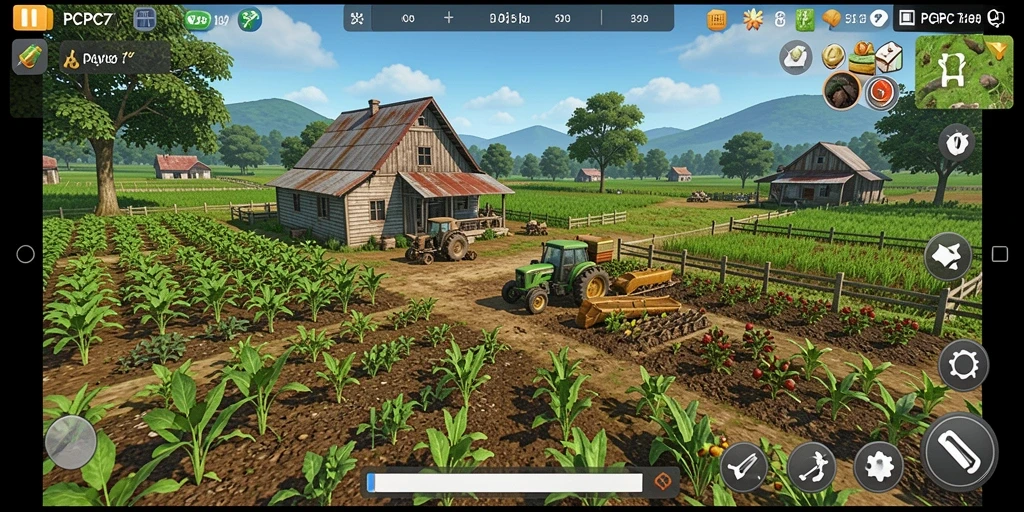 Tampilan gameplay PCPC7 yang menampilkan aktivitas bertani yang seru.