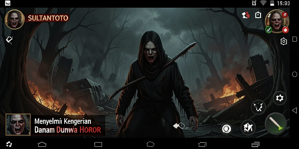 Screenshot gameplay SULTANTOTO yang menampilkan suasana horor yang mendebarkan.